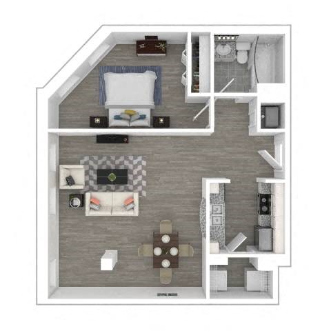 Floor plan for 1 bed, 1 bath, 765 sqft